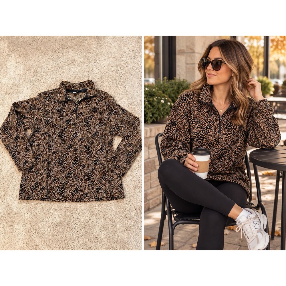 Lands End Pull Over Fleece Sweater Womens Xl Leopard Print Outdoor Mob Wife